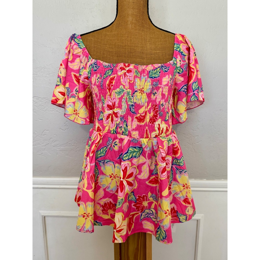 Lyaner Womens Pink Floral Smocked Peplum Top Short Flutter Sleeve XL Tropical